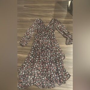 Astr Multicolored Wrap Midi Dress with Bishop Sleeves